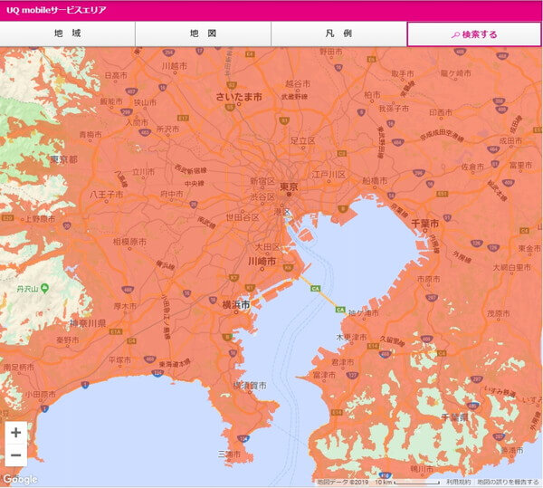 東京近辺のUQモバイル通信エリア